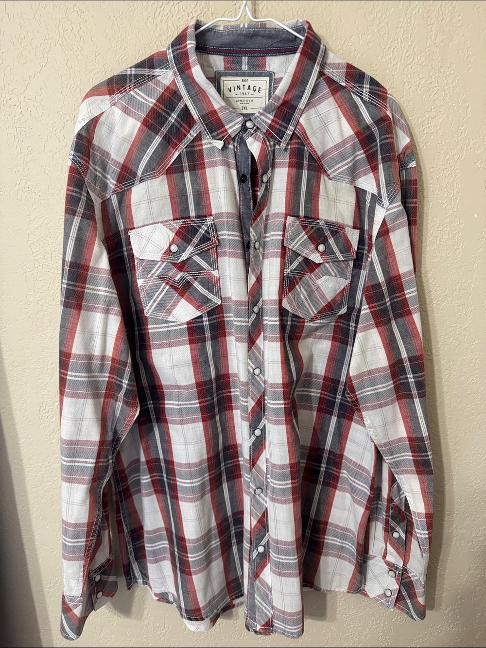 BKE Red White and Gray Plaid Button-Up Shirt